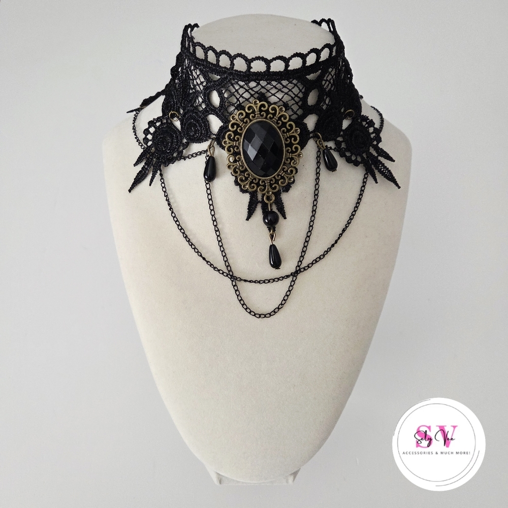 Black lace choker With Gold Chain Dangles